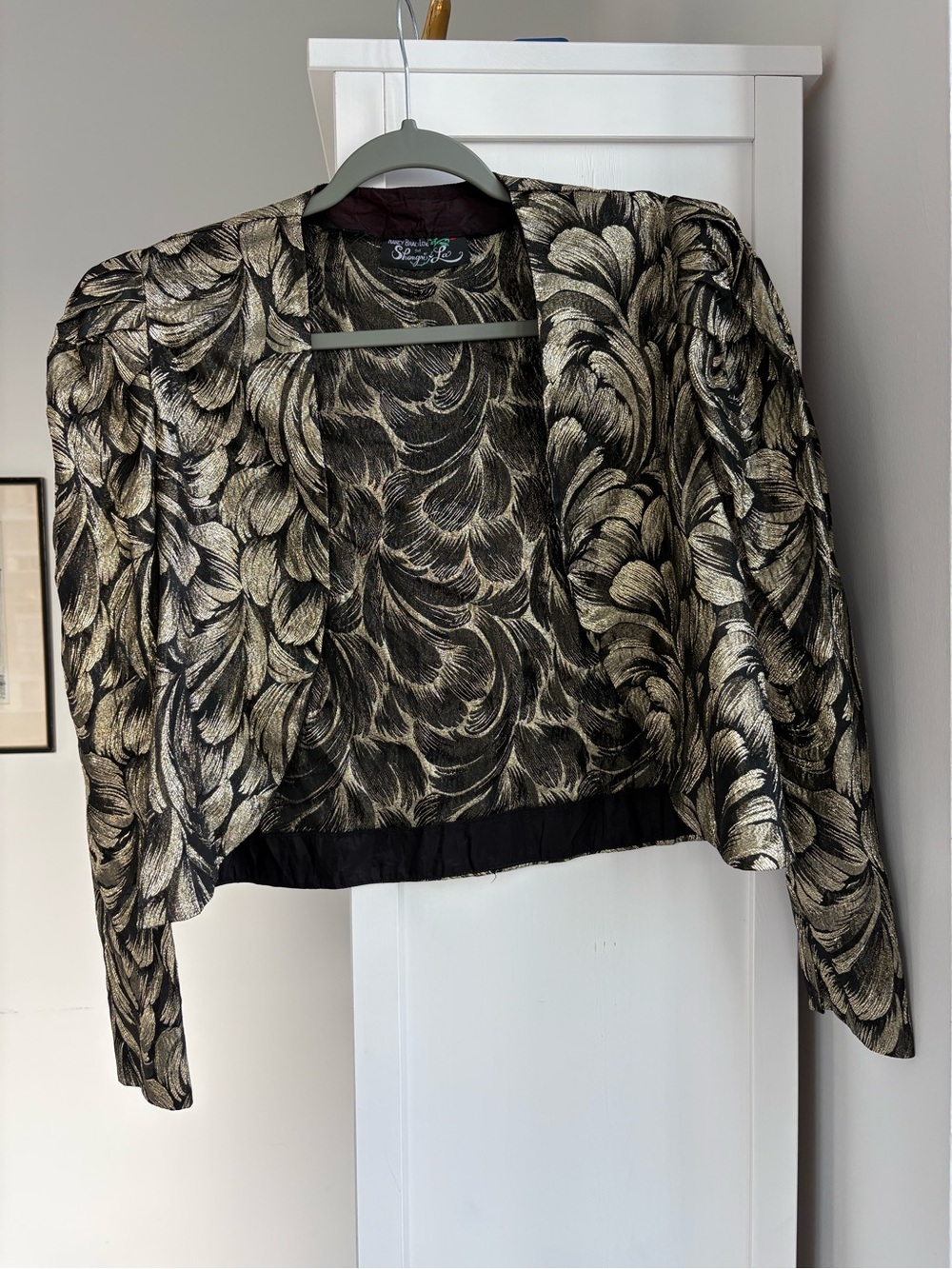 Vintage Nancy Bracoloni Shangri La Metallic Jacquard Crop Jacket Puff Shoulder